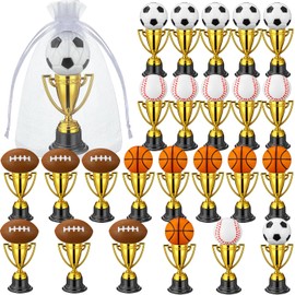 Foilswirl 72 Pcs 3.4 Inch Mini Trophies Kits 24 Gold Small Plastic Trophy for Kids 24 Mini Foam Stress Balls 24 White Organza Bags for Party Favors Winning Prize Competitions Ceremony(Multi Balls)
