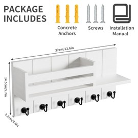 SWTYMIKI Key Rack with Shelf, Wooden Key Cabinet with Shelf, Includes Letter Holder and 6 Hooks, Wall Key Holder for Living Room, Kitchen, Office, Hallway, Bedroom, White