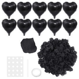 Pack of 10 Black Heart Shaped Balloons, 100 Pieces Artificial Petals, 1 Roll of Ribbon, 1 Piece Straw, 20 Pieces Glue, Party Balloons, Heart Shaped Decorative Balloons
