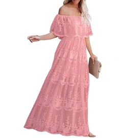 LRISES Women Boho Pink Lace Off Shoulder Maxi Dress Ruffle Elegant Wedding Baby Shower Maternity Dress for Photoshoot
