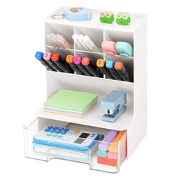 SAMSYOKI Stiftehalter Organizer Multifunktionaler Schreibtisch-Organizer 6 Fächer Stifthalterbox mit Schublade Stifthalter Aufbewahrungsbox Stifteköcher für Büro Heimbedarf Kosmetik (Weiß)