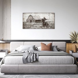 Horse Canvas Rustic Western Wall Art Large Cowboy and Barn Scene Print Picture Retro America Home Decor 20x40 inches