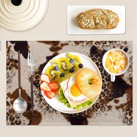 Cowhide with Glitter Leopard Print Place Mats Set of 6, Table Mats,Heat Insulation Non Slip Washable Dining Placemats for Wedding Holiday Party Kitchen Decor 12X18 in