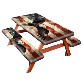 Park Picnic Table Cover with Bench Covers Lightweight Camping Essentials, Oil-Proof Waterproof 3PCS Tablecloth with Elastic, Fitted for Table 6FT Rectangle and Seats, American Flag Eagle (72x30in)