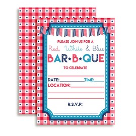 Red White and Blue BBQ Party Invitations, 20 5"x7" Fill in Cards with Twenty White Envelopes by AmandaCreation