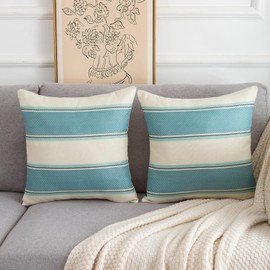DakTou Cushion Cover Set of 2 40 x 40 cm Farmhouse Decorative Cushion Linen Sofa Cushion Stripes Cushion Covers Decorative Modern Turquoise Cushion for Sofa Chair Bedroom Office Car