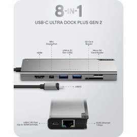 ALOGIC USB-C 4K Dual Display Dock; 100W Power Delivery; 2x USB-A; USB-C; HDMI; Mini DisplayPort; Ethernet; SD & micro-SD card reader; 8-in-1 Ultra Dock Plus Gen 2.