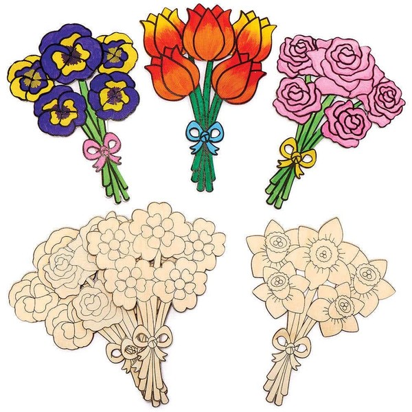 Baker Ross FC735 Flower Wooden Bouquets - Pack of 5, Colouring Craft Kits for Kids, Decorations and Gift Crafts