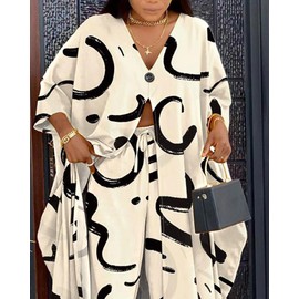 CHICME Women's 2 Piece Outfits Abstract Print Batwing Sleeve V Neck Top with High Slit and Loose Wide Leg Pants Matching Lounge Sets Apricot-L