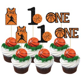24 piezas de decoración de cupcakes de baloncesto con purpurina número 1 para el primer cumpleaños de baloncesto con temática deportiva, baby shower para niños, fiesta de primer cumpleaños para decoración de pasteles