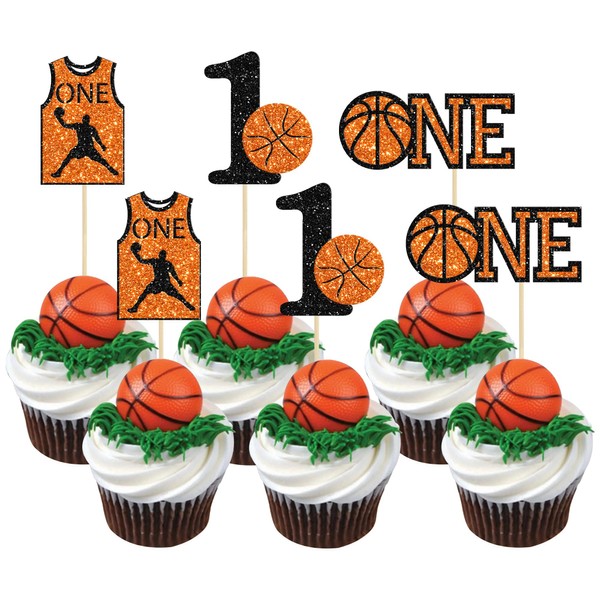 24 piezas de decoración de cupcakes de baloncesto con purpurina número 1 para el primer cumpleaños de baloncesto con temática deportiva, baby shower para niños, fiesta de primer cumpleaños para decoración de pasteles