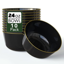 Trendables Plastic Bowls Disposable Bowls 24 Oz Bowl Set Of 10 Black Gold Rimmed Fancy Plastic Serving Dishes Perfect for Parties and Events Disposable Candy Bowl