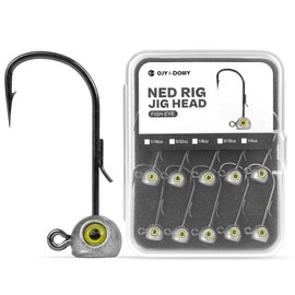 15-Pack Fish Eye Ned Rig Jig Heads with Welded Wire Bait Keeper – 1/16 3/32 1/8 3/16 1/4oz with 2/0 3/0 Hooks, Chartreuse Eyes, Secure Finesse TRD Hookup for Bass Fishing