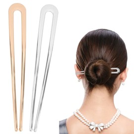 French Hair Pins for Women Thick Hair, Metal Hair Fork U Shaped French Twist Hair Pin Extra Long 5.9 in (2 Pcs - Gold, Silver)