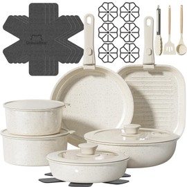 OzawaBear 26 Pcs Pots and Pans Set Non Stick, Ceramic Cookware Set Non Toxic with Detachable Handles, Healthy Induction Cookware Oven Safe RV Kitchen Set, PFAS PFOA & PTFE Free, Cream White