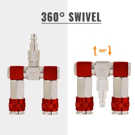 SUNGATOR 2 Way Air Hose Splitter, 1/4 Inch Air Hose Fitting, 1/4'' Quick Connect Manifold Fitting with 2 Universal Couplers & 1 Industrial Air Plug, 360 Degree Swivel Hose Connector, Red