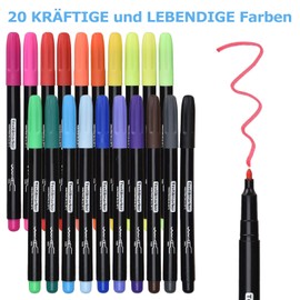 Washable Textile Markers, Pack of 20 Waterproof Textile Pens in Bright Colours, Non-Toxic Permanent Markers, Fabric Paints for Shoes, T-Shirts, Bags, Fabric Bags and Various Textiles