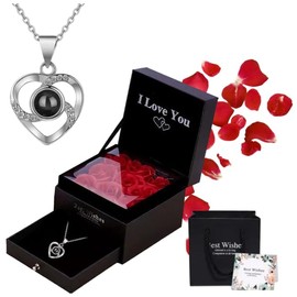 Conjunto Collar Rosa Eterna, con Collar I Love You en 100 Idiomas, 9 Flores de Rosas Eternas, Regalo Romántico para Mujer, Mamá, Esposa, Novia