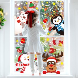Whaline 6 Sheet Hello Winter Window Clings Christmas Snowman Reindeer Penguin Reusable Window Decals for Xmas Holiday Party Home Glass Decor