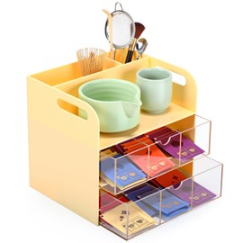DoubleFill Acrylic Tea Bag Organizer Box, 3-tier Tea Bag Drawer Storage and Organizer, Teabag Holder Container Box for Home Countertop Teabag Station Table Display