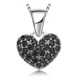 RYANEE Pave Love Heart Pendant Necklace For Women with Natural Black Spinel in 925 Sterling Silver, Dainty Gemstone 14k White Gold Plated Necklace For Her, Anniversary Jewelry Set 45cm Box Chain