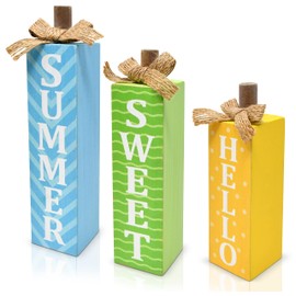 3 Pcs Hello Summer Tiered Tray Decoration Table Block Sign Rustic Farmhouse Wooden Tabletop Centerpieces for Beach Ocean Pool Party Home Decor