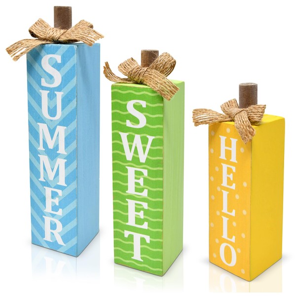 3 Pcs Hello Summer Tiered Tray Decoration Table Block Sign
