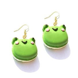 Green Frog Macaron Cookie 3D Earring Earrings Drop Gold Strawberry Desert French Macaroon Fruit Garden Cottage Cottagecore Toad Tadpool Nature Sweet Kawaii Party 70s Punk Round Retro Cartoon Metal