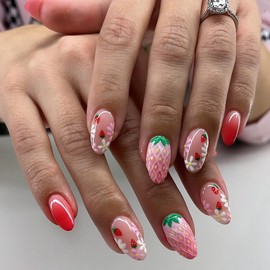 Summer Flower Press on Nails Almond False Nails Press Ons Fake Nails with Strawberry Design Pink Stick on Nails Glossy Floral Artificial Full Cover Glue on Nails for Women Girls 24PCS