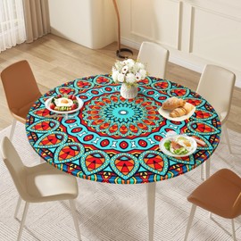 Dremisland 120cm Runde Wasserdichtes Tischdecke Mandala Elastische Tischdecken Tischtuch Outdoor Abwischbar Garten Tischdecke Wachstuch Tischschutz Abdeckung für Abendessen Küchen Party Sommer Dekor