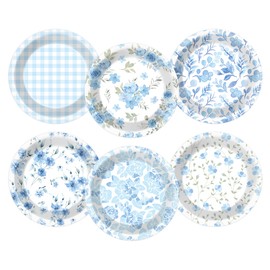 48Pcs Blue Floral Paper Plates Tea Party Decorations Disposable Vintage Flower Party Dinnerware Tableware Set Blue White Party Dinner Plate for Birthday Wedding Baby Shower Party Supplies 7 Inch
