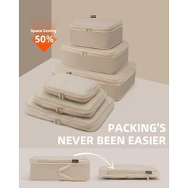 6 Set Compression Packing Cubes, Suitcase Storage Bags for Clothes and Travel Essentials (Classic Khaki)