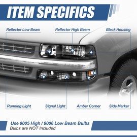 Auto Dynasty Headlights Assembly Compatible with 1999-2006 Chevy Silverado Suburban Tahoe, 4Pcs Driver and Passenger Side Halogen Headlamps Replacement w/Bumper Lamps, Black Housing Amber Corner