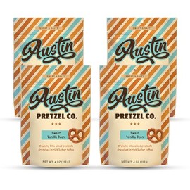Austin Pretzel Company Vanilla Bean Flavor Pretzels – 4 Oz Gourmet Snack, Crunchy Bite-Sized Treats with Rich Butter Toffee Coating – Perfect for Sharing & Indulging (Pack of 4)