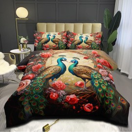 CCoutueChen Peacock Comforter Bedding Set King Size Retro Birds Floral Bedding for Adult Women Girls Green Peacock Feather 3Pcs Soft Down Comforter