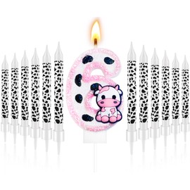 13 Pcs Cow Themed Birthday Candles - 0 to 9 Pink Cow Number Candle & Cow Print Birthday Candles, Cowgirl Theme Candle for Girls Birthday Party Decor, Holy Cow Im One Birthday Decorations (Number 6)