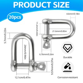 M5/M6 D Ring Shackles, 20pcs Stainless Steel Heavy Duty D-Rings Shackle Bolt Set for Camping Hiking Sailing Anchor Chain Chain Link Tow Traction Hook Accessory