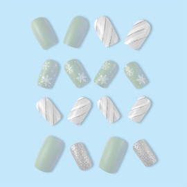 JUSTUSNX 24pcs Christmas Fake Nails Square Sequin False Nails Snowflake Press on Nails for Women and Girls (C)