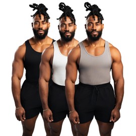 Ekkovision Beaters, Men's Tank Tops, Cotton Spandex Blend Tanks Tops for Men, Comfortable, Durable & Stylish Ribbed Fabric, Ideal Fit for Gym, 3 Pack, Black, White, & Shadow, Size 4XL (PLEASE SIZE UP)