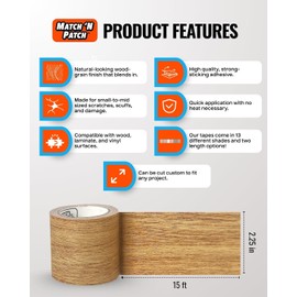 MATCH 'N PATCH Realistic Wood Grain Repair Tape - Durable Multi-Use Adhesive Tape for Furniture, Floors, Cabinets, Windows, Doors, RV, Home Decor & DIY Projects - Natural Oak, 2.25 inch x 15 feet