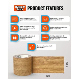 MATCH 'N PATCH Realistic Wood Grain Repair Tape - Durable Multi-Use Adhesive Tape for Furniture, Floors, Cabinets, Windows, Doors, RV, Home Decor & DIY Projects - Natural Oak, 2.25 inch x 15 feet