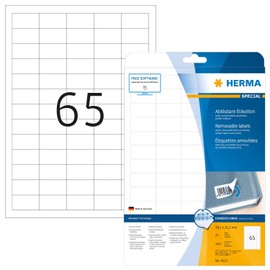 HERMA 4212 Universal Etiketten ablösbar, 25 Blatt, 38,1 x 21,2 mm, 65 pro A4 Bogen, 1625 Stück, selbstklebend, bedruckbar, matt, blanko Papier Klebeetiketten Aufkleber, weiß
