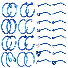 32Pcs Style-2 20G Blue Unisex L-Shaped C-Shaped Nostril Screw Nose Tongue Lip Ear Rings Hoop Studs Seamless Hinged Ball Closure Mixed Set