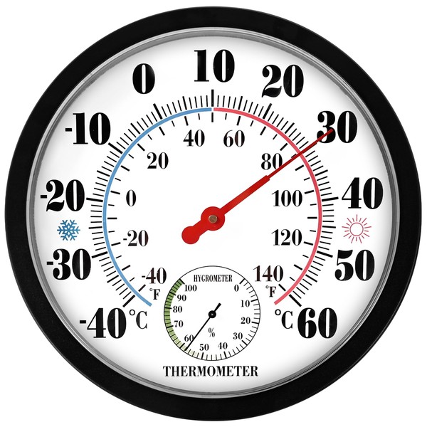Indoor Outdoor Thermometer Hygrometer - 10 Inch Thermometer Room Temperature Garden Thermometer Outdoor Waterproof Wall Hanging Thermometer for Patio(Black2)