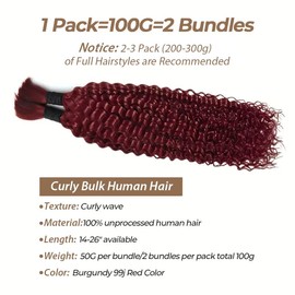 Burgundy Braiding Hair Human Hair Deep Curly Bulk Bohemian Human Braiding Hair for Boho Braids 16 Inch 99J 100G No Weft Wet And Wavy Curly Micro Braids Human Hair for Boho Knotless Brading Human Hair