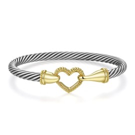 ESSNAMS Two Tone Bangle for Women, Trendy Gold and Silver Cable Bracelets with Heart Round Hook Clasp Mixed Metal Bracelets Jewelry for Her (Heart Hook)