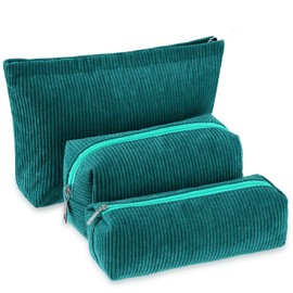 Huhumy 3 Pcs Makeup Bag Set for Women Corduroy Cosmetic Pouch Aesthetic Smile Travel Toiletry Bag Cute Purse Pouch Pencil Case Makeup Brushes Storage Organizer for Christmas(Dark Green,Solid Style)
