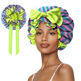 SeSe Code Double Layer Silk Bonnet for Haircare - Soft & Practical Sleeping cap with Elastic Tie Band for Curly & Natural Hair:_Red Green Stripes