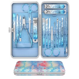 OFIDUS Nail Clippers Set, Finger and Toenail Clippers, Professional Manicure and Pedicure Set, 18 Pieces, Nail Care Tools with Luxury Travel Case (Diamond Blue)