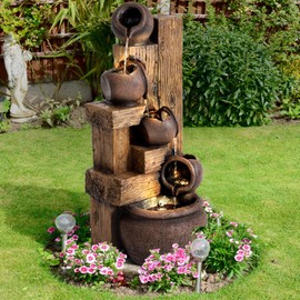 LEISU 5-Tiers Outdoor Indoor Fountains Modern Resin Floor-Standing Cascading Water Feature Fountain with LED Lights,Garden Deck Patio Porch Backyard Court (Pottery Jar + Wooden Stake Modeling)